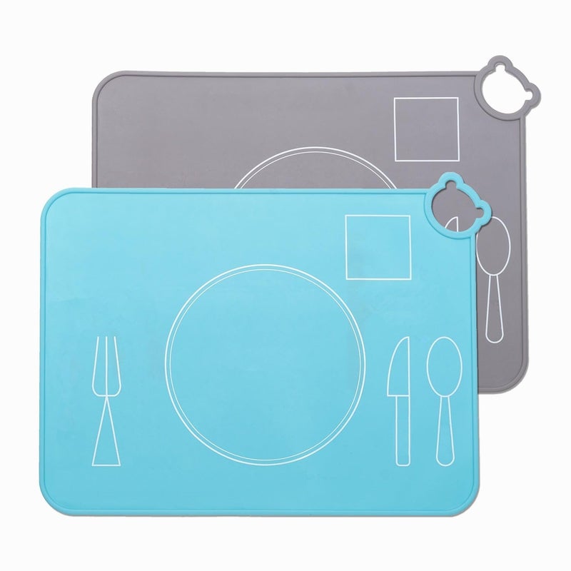 IYYI Silicone Baby Placemats, Kids Placemats for Dining Table, Montessori Placemat for Toddler, Non Slip, Waterproof, Portable Placemat Set of 2 (Gray+Sky Blue) - Image 1